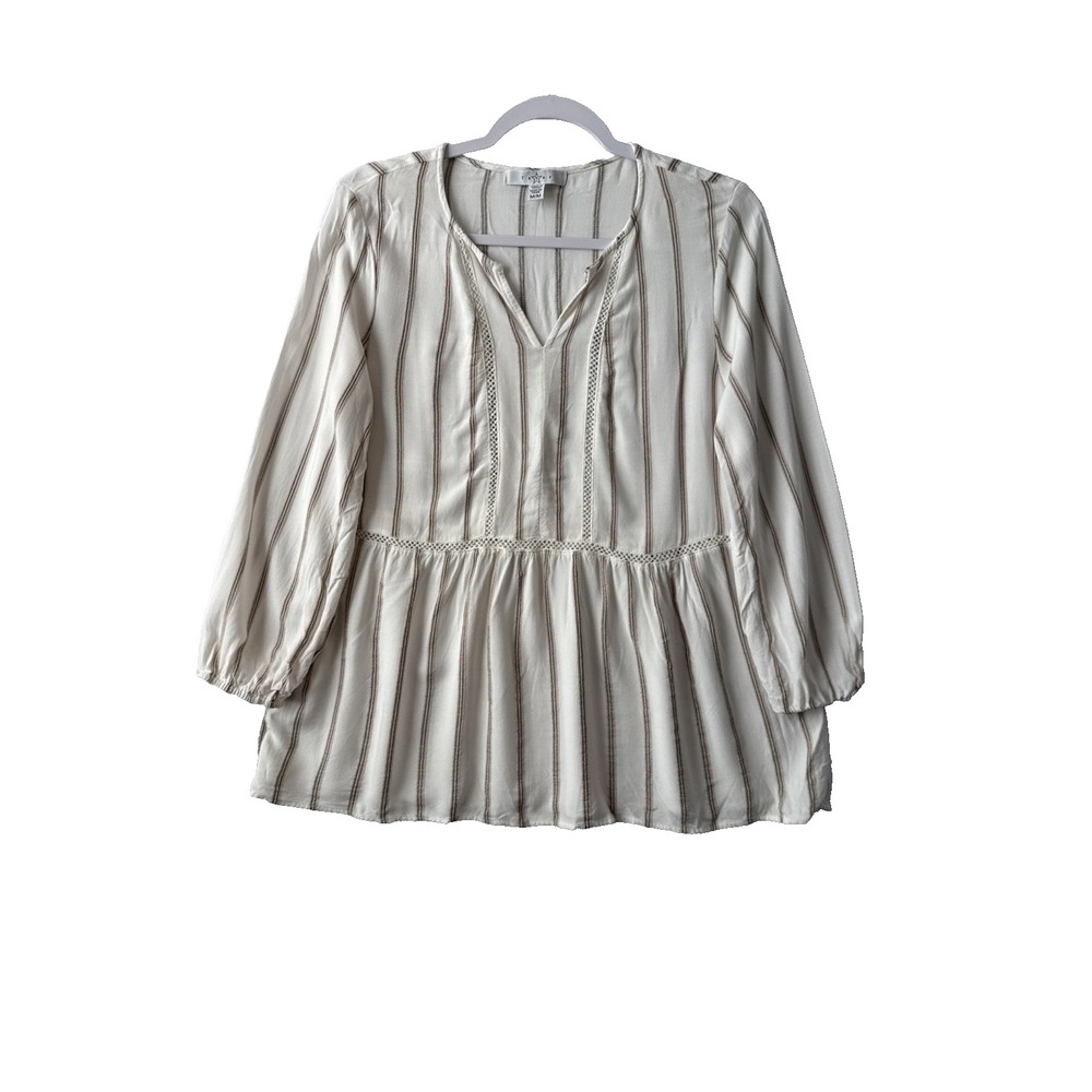 Fever Striped 3/4 Sleeve‎ Rayon Tunic Blouse Women's M Cozy Boho Cottage Office
